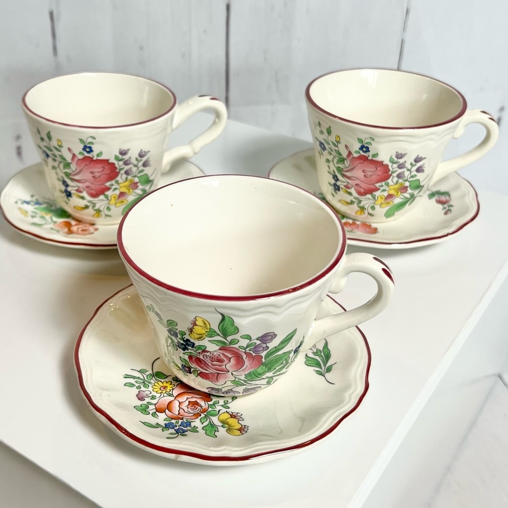 Antique K&G Lunéville France Teacups & Saucers, Old Strasbourg Floral Faience